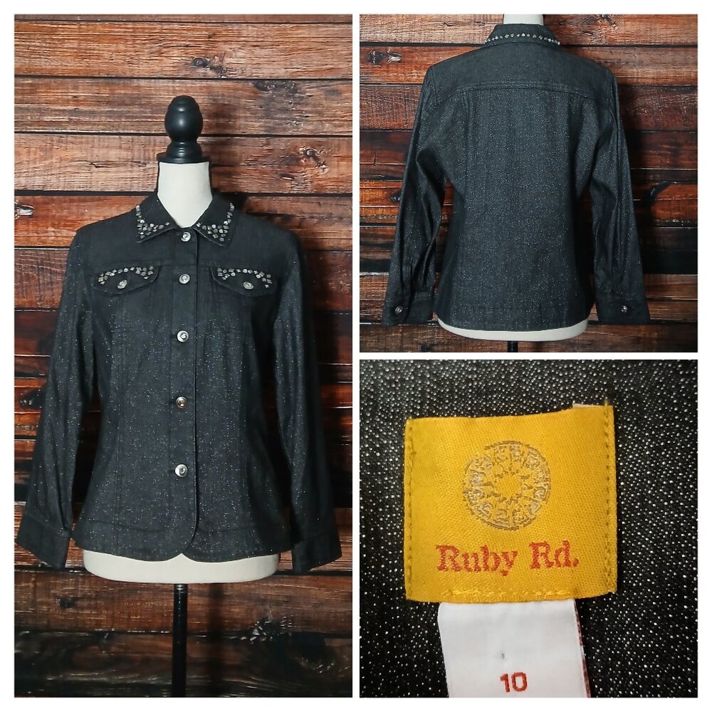Ruby Rd Jean Jacket 10 Black Metallic Denim Rhinestone Studded 3/4 Sleeve